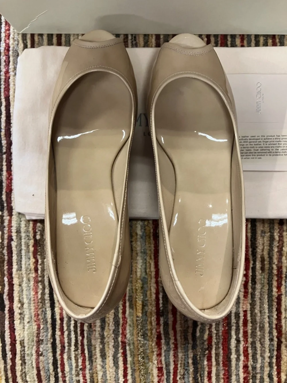 NEW Jimmy Choo USA 7 - Open Toe, Nude (Tan, Beige), Patent Leather, Cork Wedges